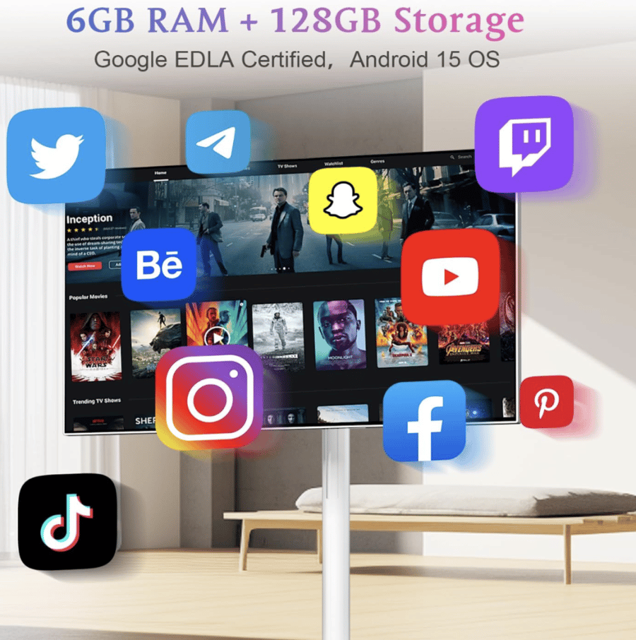 تلفزيون ذكي محمول بعجلات، تلفزيون دوار لاسلكي 27 بوصة مع واي فاي 1080P 6+128 جيجابايت اندرويد 15، شاشة تعمل باللمس