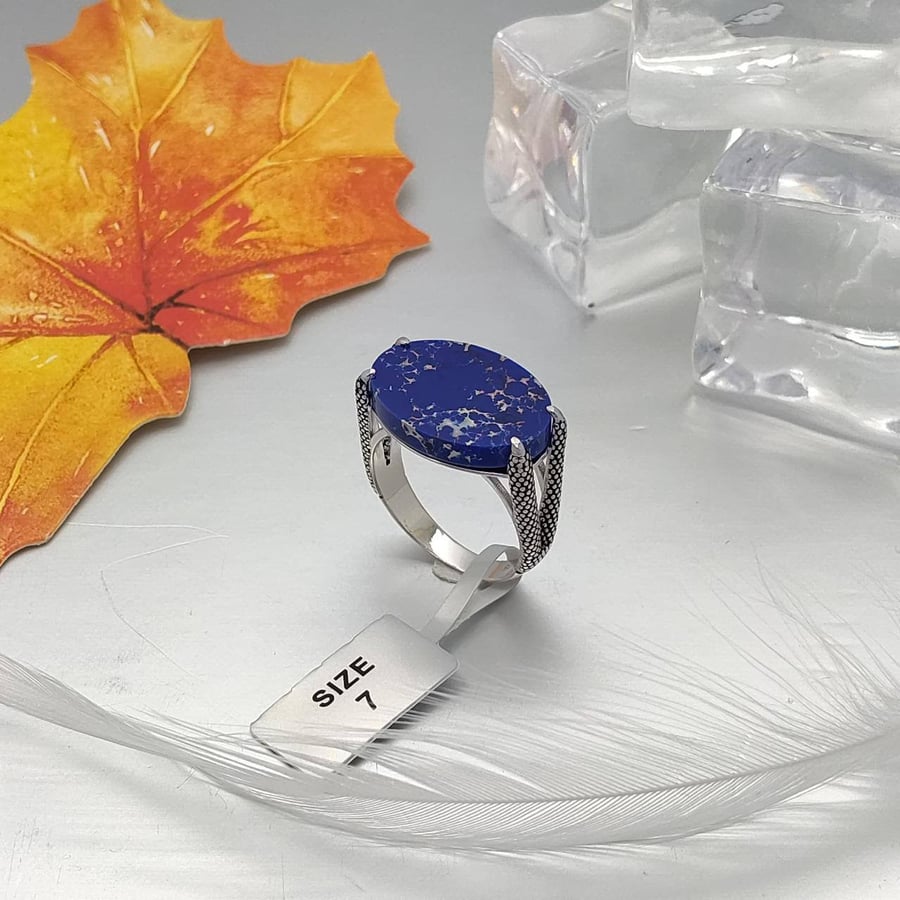 Blue striped silver ring