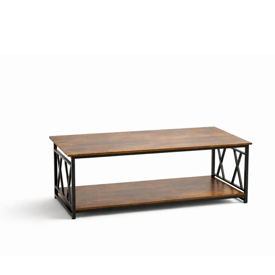 Single coffee table, rectangular wood, brown, two levels, with iron base, number A456
