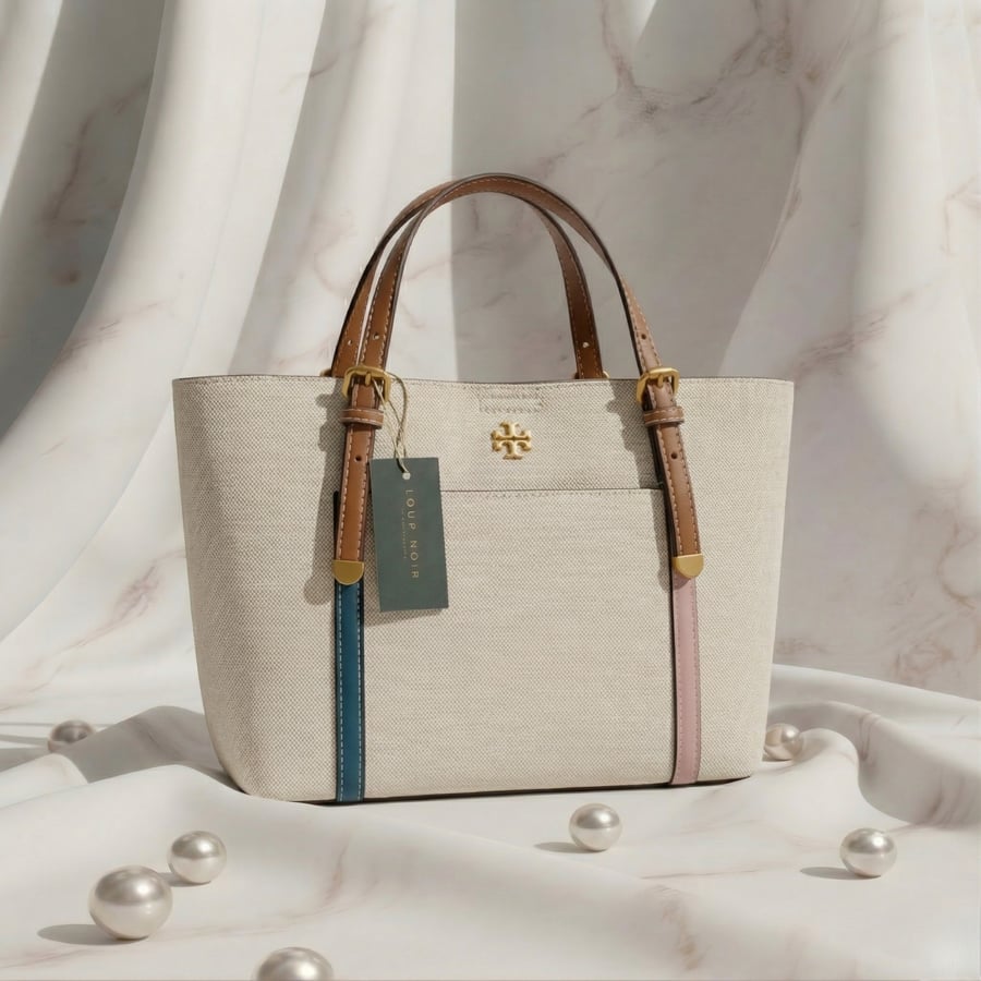 شنطة يد Tory Burch - وردي و كحلي- تصميم "توت" قماشي بلمسة ملونة