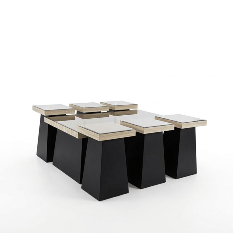 Set of sofa tables (hospitality) glass with wooden bases 7 pieces number 000189