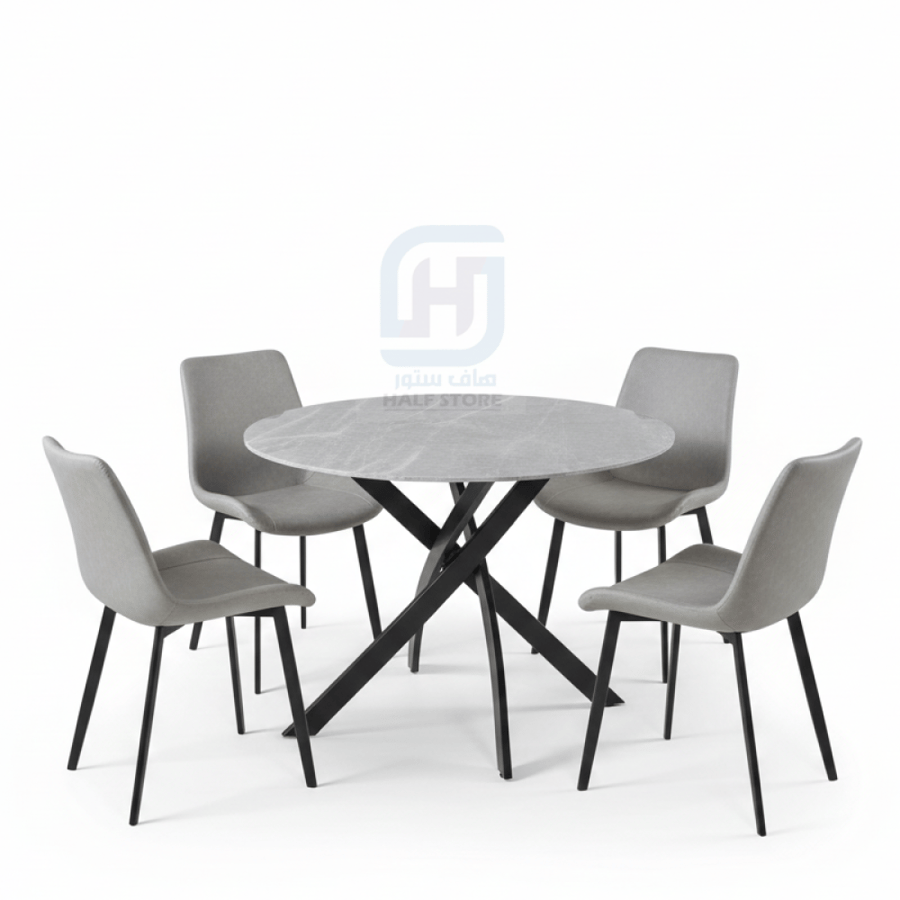 Round ceramic dining table with iron legs, 4 chairs, item number 000173