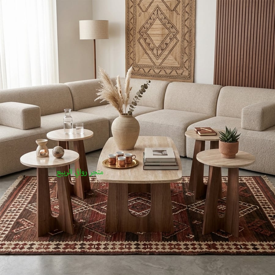 طقم طاولات كنب بديل رخام قواعد خشب 5قطع رقم SFC40460