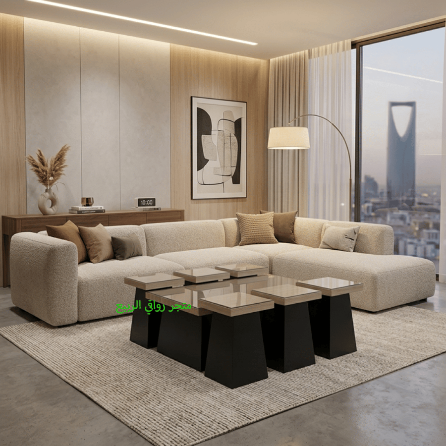 طقم طاولات كنب زجاج قواعد خشب 7قطع رقم 000189