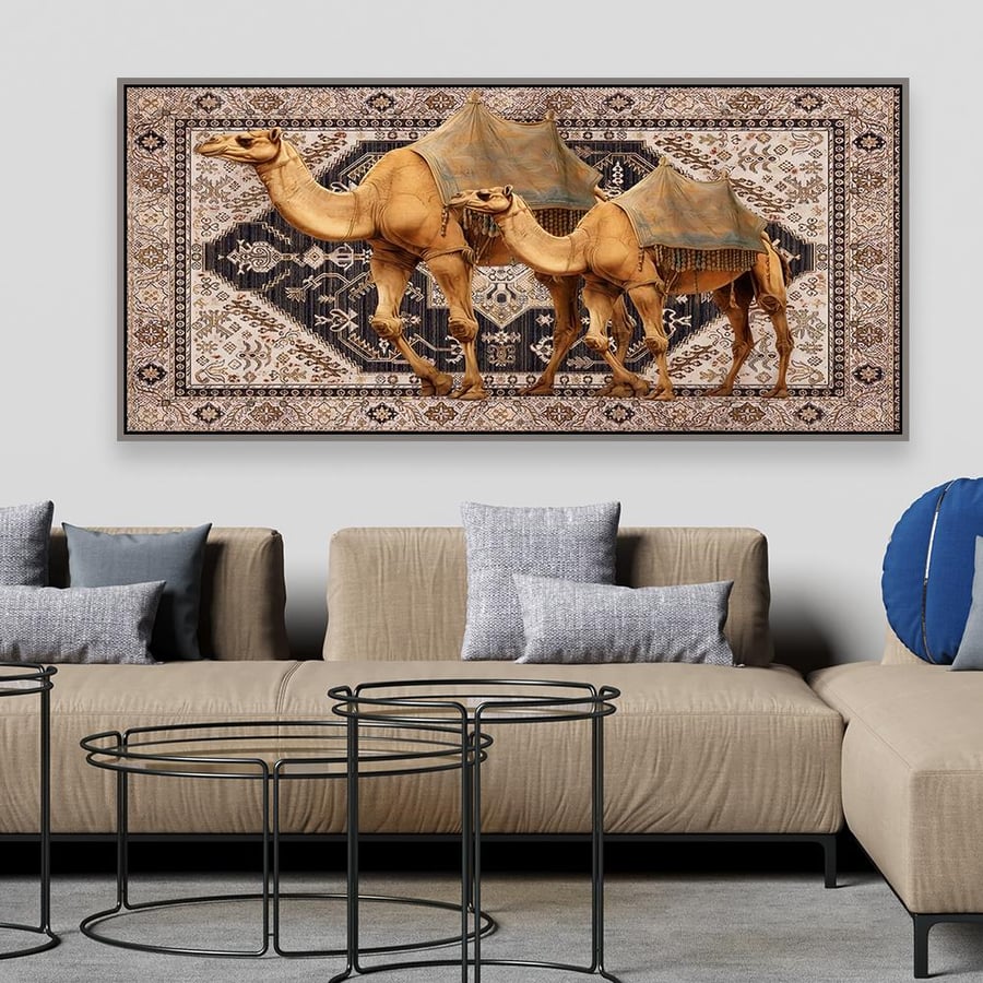 A decorative rug display panel with a modern traditional design