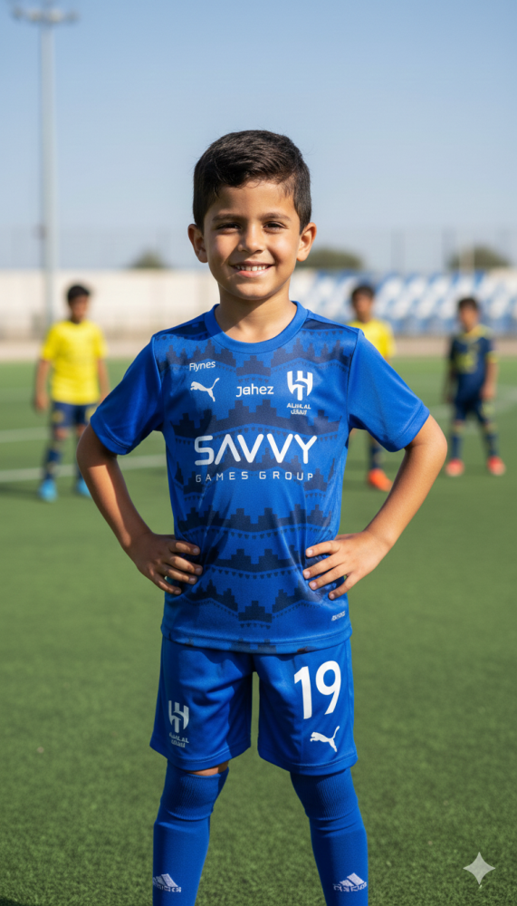طقم الهلال اطفال تيشيرت وشورت 2026 كورة قدم طبعة ليزر برقم 19