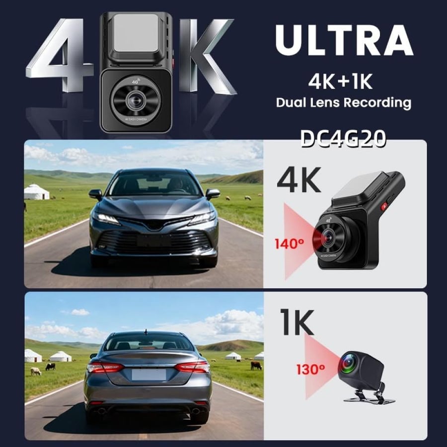 كاميرا داش كام للسيارة DC4G20 بدقة 4K Ultra HD | تدعم شريحة 4G ونظام تحديد المواقع GPS مع كاميرا خلفية ونظام ذكي ADAS/BSD