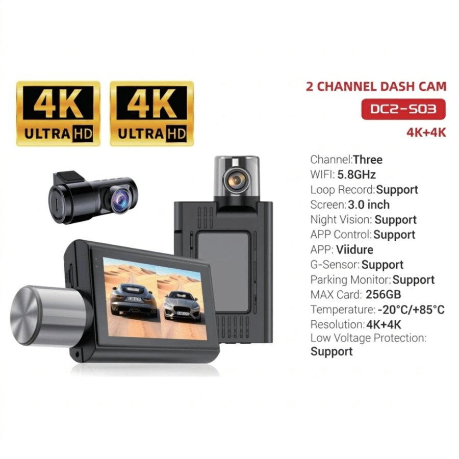 كاميرا داش كام DC2-S03 بدقة 4K+4K مزدوجة - 3 قنوات مع واي فاي 5.8GHz ودعم الرؤية الليلية ومراقبة الوقوف يدعم تحديد الموقع سعة تخزين حتى 256 جيجا.