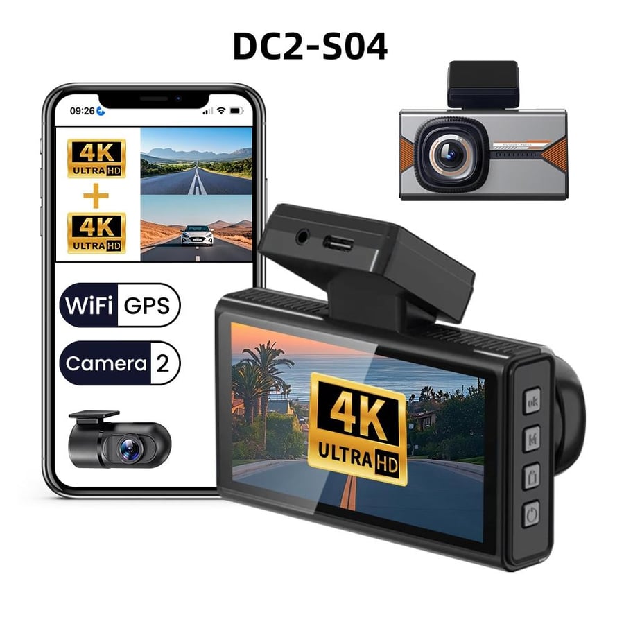 داش كام للسيارة DC2-S04 بدقة 4K+4K أمامي وخلفي | شاشة 3.0 إنش IPS مع واي فاي وتتبع GPS ونظام مراقبة الموقف