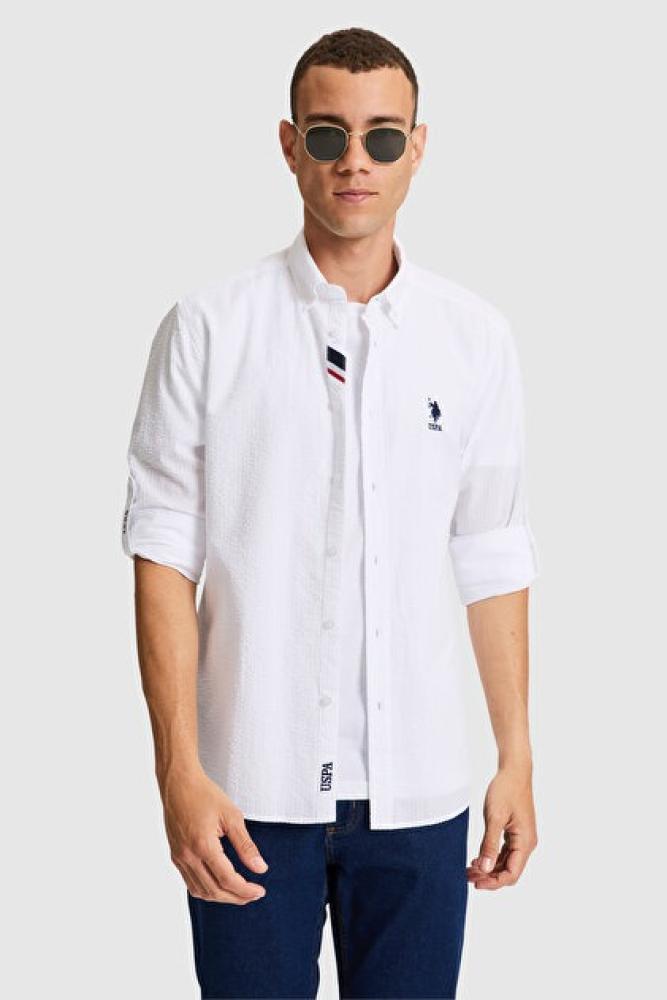 U.S. Polo Assn. قميص أساسي أبيض بأكمام طويلة للرجال 50324638-VR013