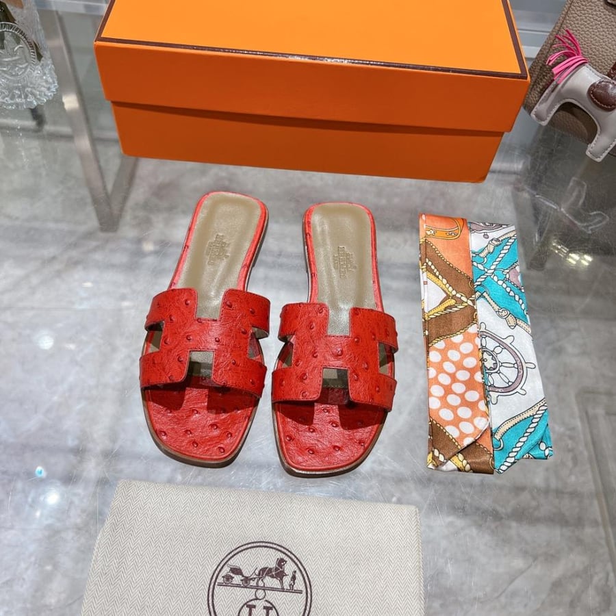 Hermes women's slippers red | luxurious genuine leather | Hermes slippers