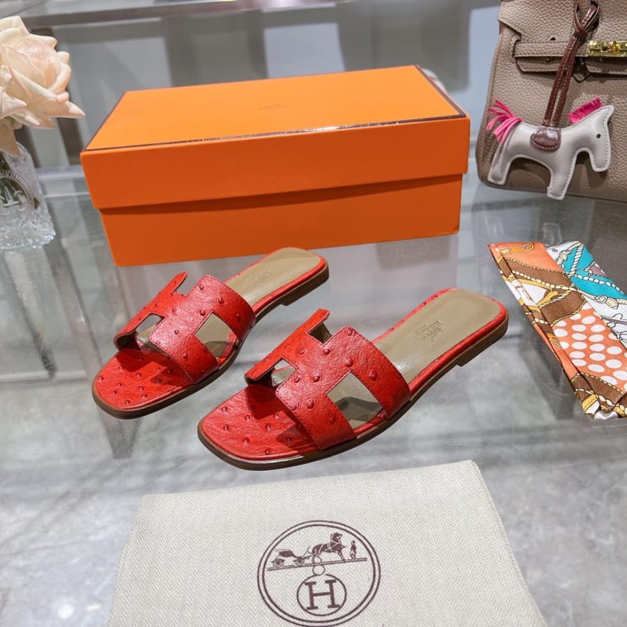 Hermes women's slippers red | luxurious genuine leather | Hermes slippers