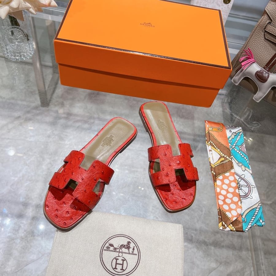 Hermes women's slippers red | luxurious genuine leather | Hermes slippers