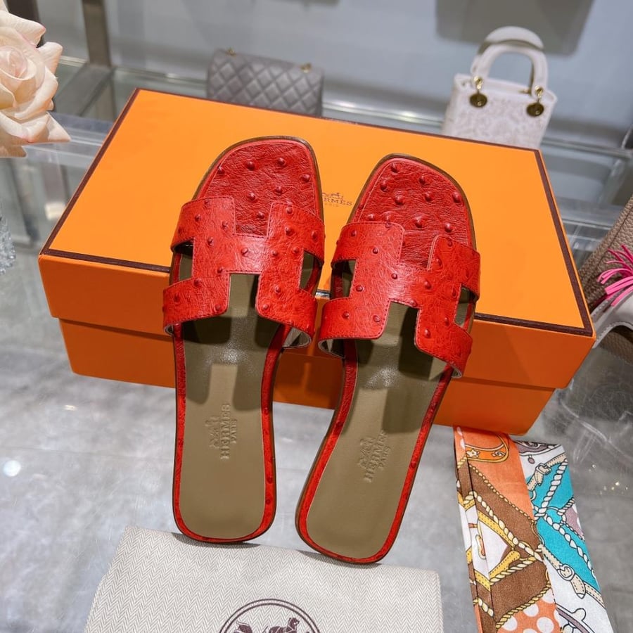 Hermes women's slippers red | luxurious genuine leather | Hermes slippers