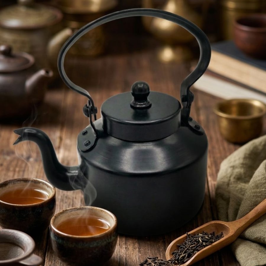 Black metal teapot, oven spray