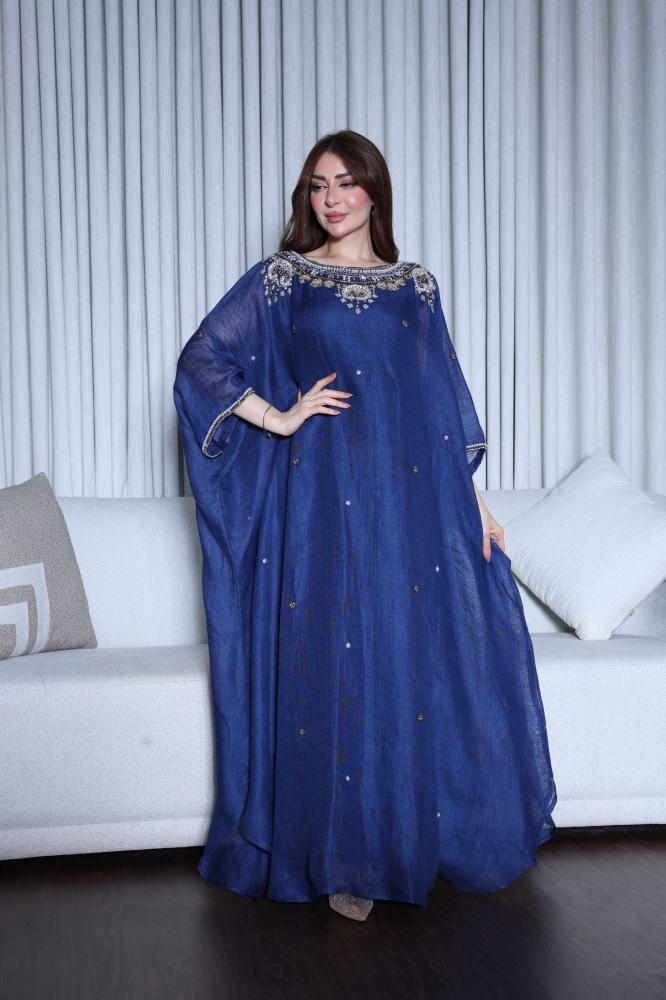 جلابية لينن خيش سهرة مطرزة بالكرستال