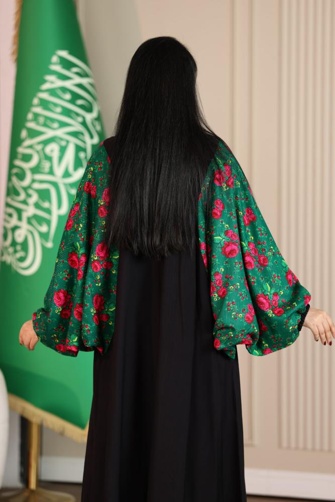 جلابية كريب فراشة بتطريز عسيري وأكمام شالكي