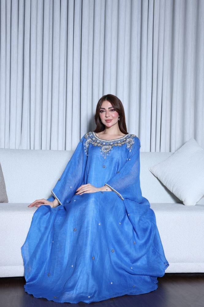 جلابية لينن خيش سهرة مطرزة بالكرستال