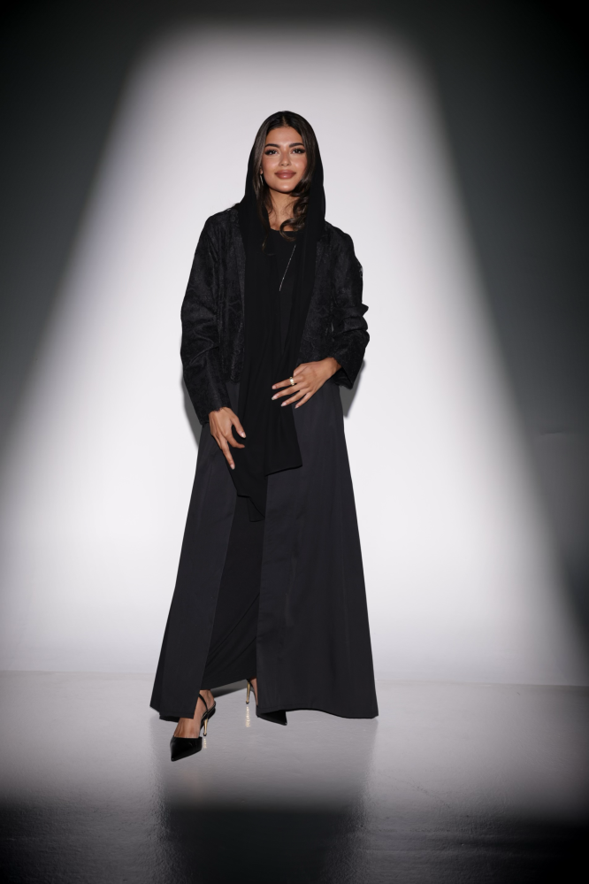 Black linen fabric abaya with jacket cut, embroidered with lace