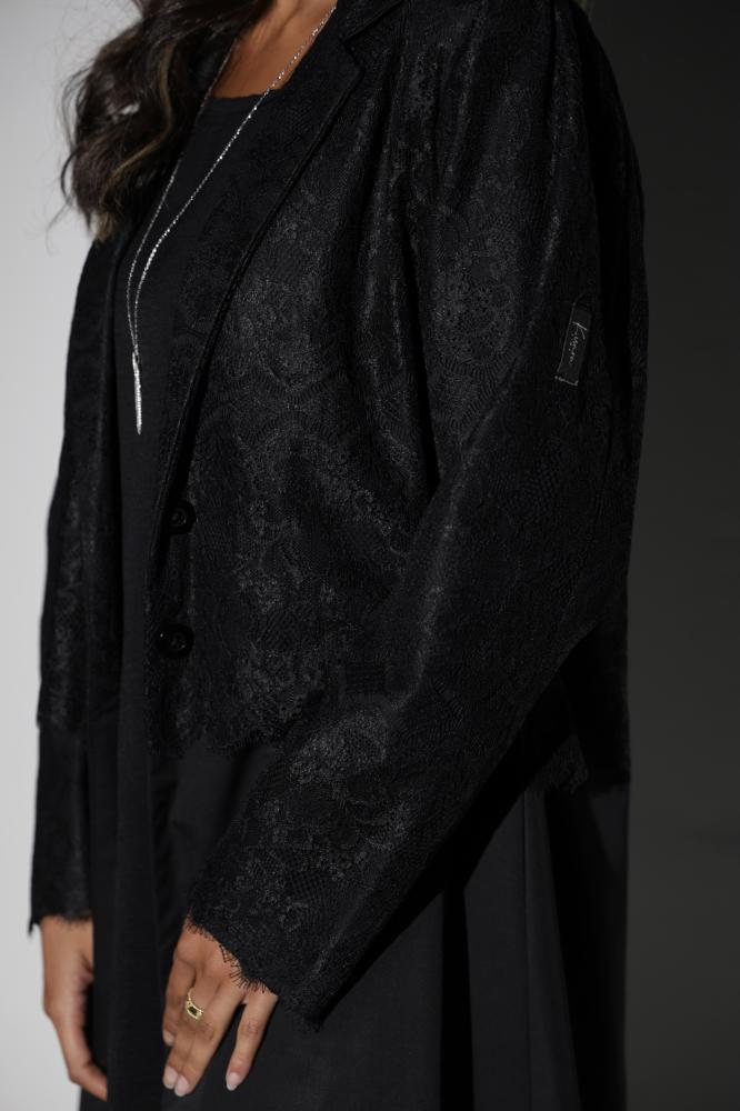 Black linen fabric abaya with jacket cut, embroidered with lace