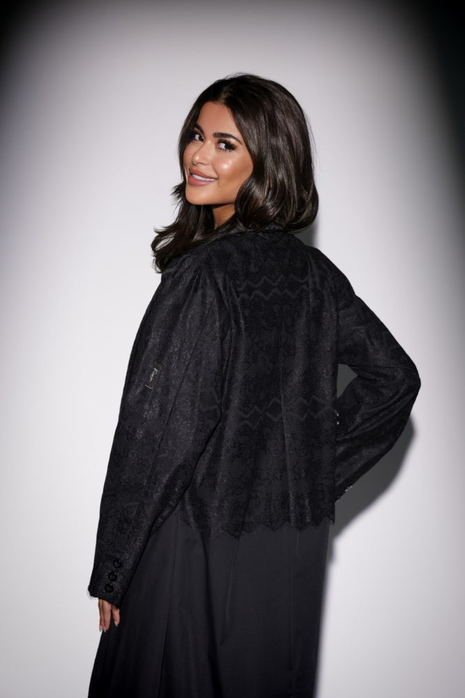 Black linen fabric abaya with jacket cut, embroidered with lace