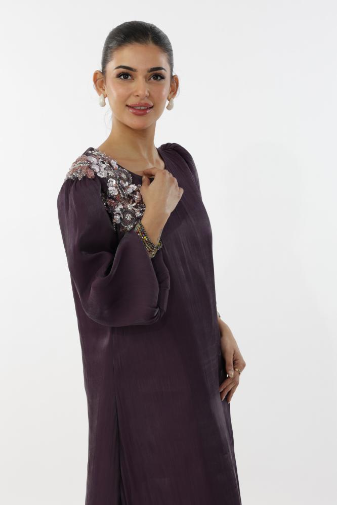 Dark purple Agnza gown with embroidery addition
