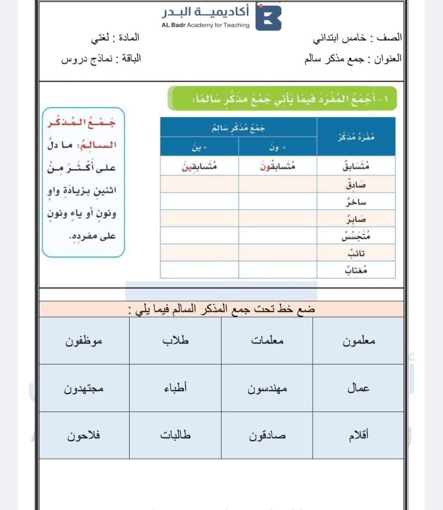 الباقة البرونزية لمادة لغتي - صف خامس ابتدائي للفصل الدراسي الأول