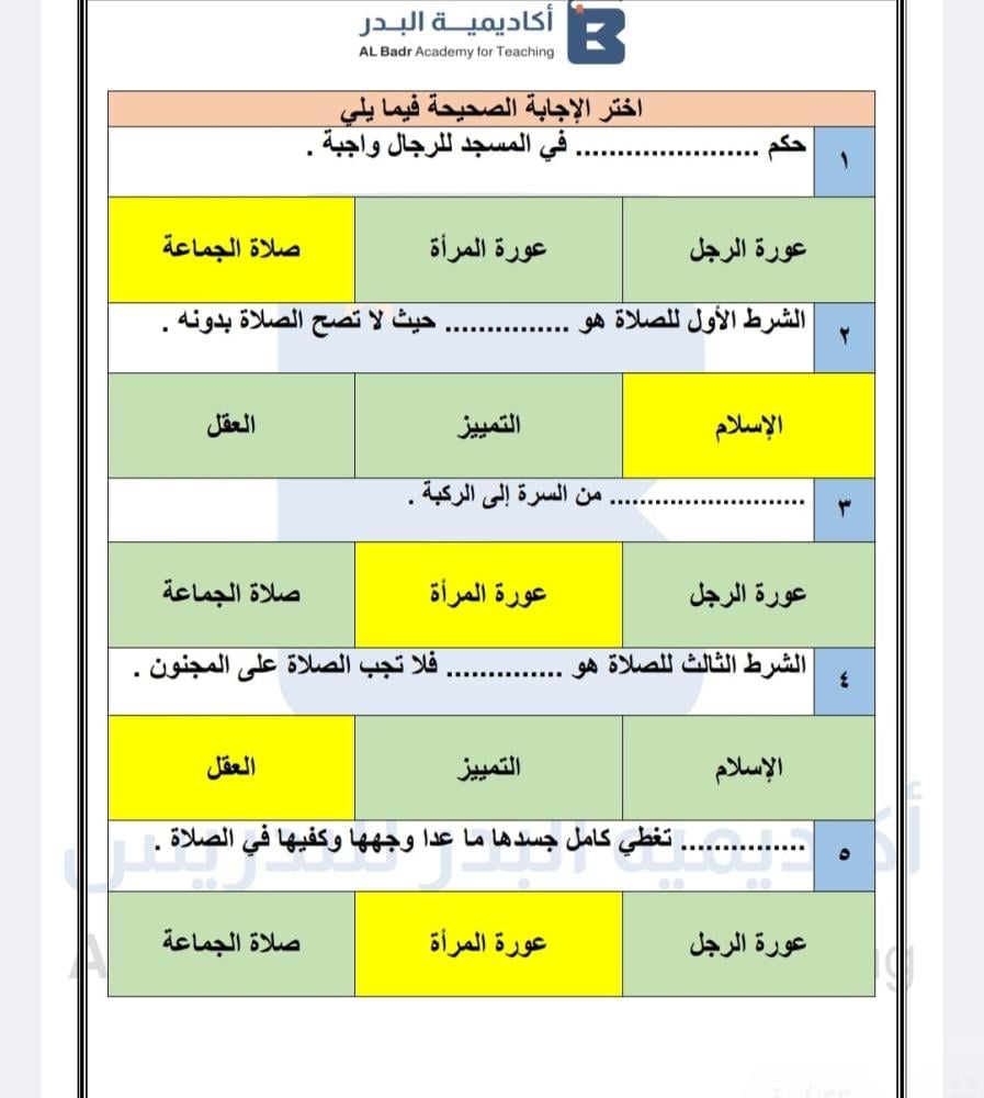 الباقة الذهبية لمادة اللغة الفقه  - صف ثالث ابتدائي للفصل الدراسي الأول