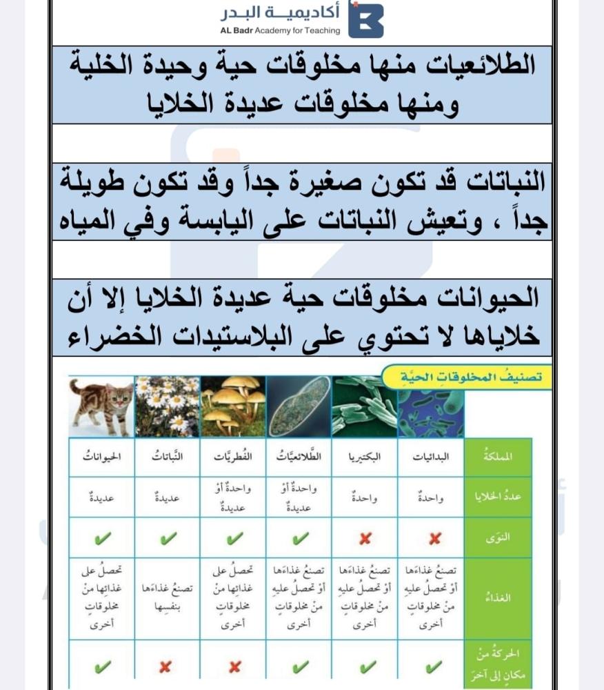 ملخص دروس لمادة العلوم - صف رابع ابتدائي للفصل الدراسي الأول