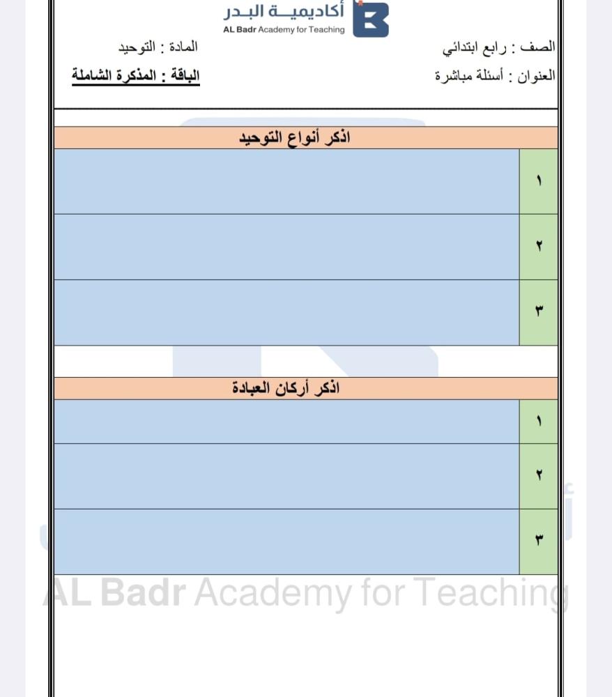 الباقة الذهبية لمادة التوحيد - صف رابع ابتدائي للفصل الدراسي الأول