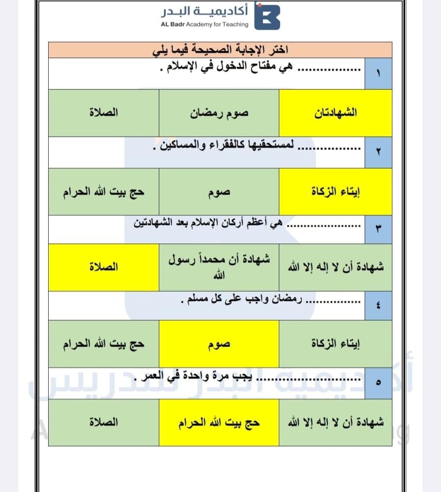 أوراق عمل لمادة التوحيد - صف ثالث ابتدائي للفصل الدراسي الأول