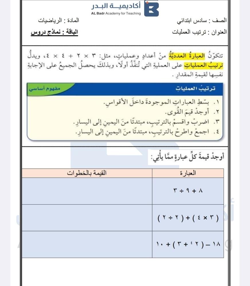 نماذج دروس جاهزة لمادة الرياضيات - صف سادس ابتدائي للفصل الدراسي الأول