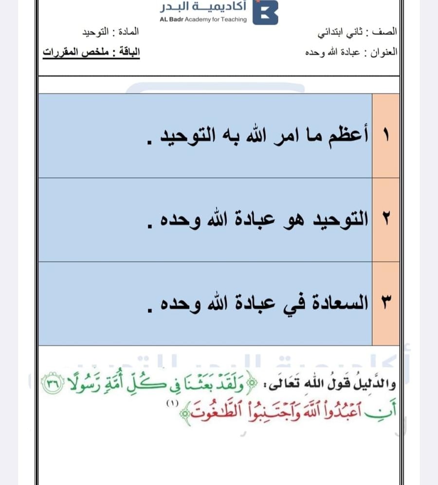 الباقة الفضية لمادة التوحيد - صف ثاني ابتدائي للفصل الدراسي الأول