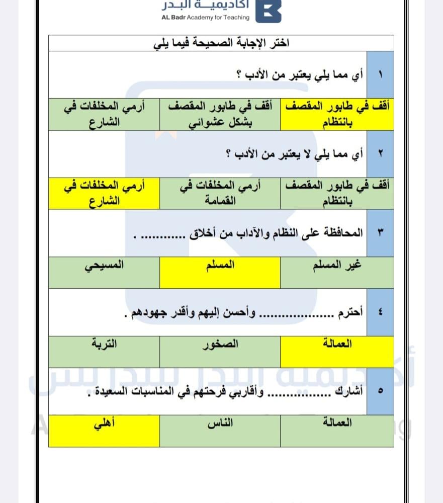 الباقة البرونزية لمادة الفقه - صف ثاني ابتدائي للفصل الدراسي الأول