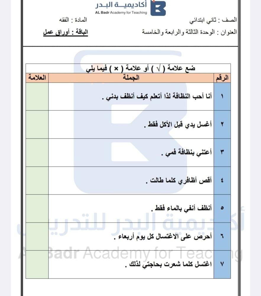 الباقة البرونزية لمادة الفقه - صف ثاني ابتدائي للفصل الدراسي الأول