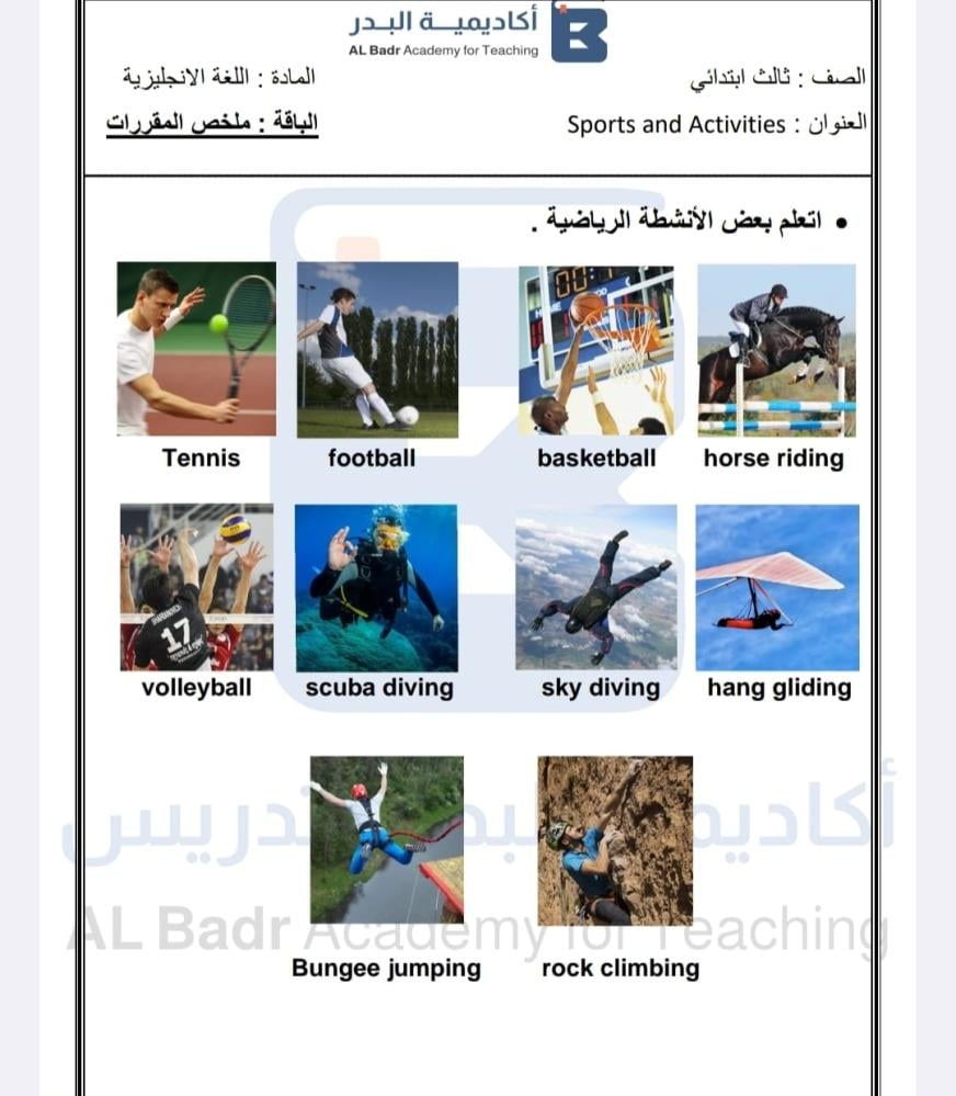 ملخص دروس لمادة اللغة الانجليزية - صف ثالث ابتدائي للفصل الدراسي الأول