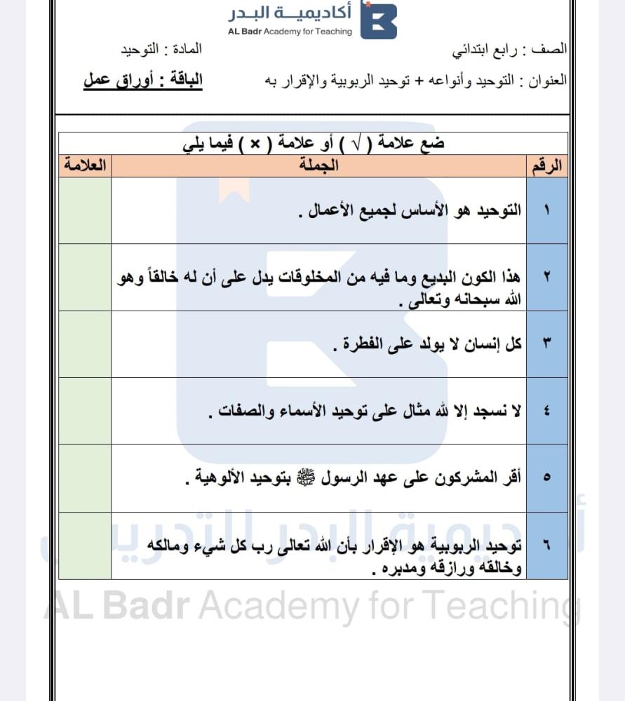 الباقة الفضية لمادة اللغة التوحيد - صف رابع ابتدائي للفصل الدراسي الأول