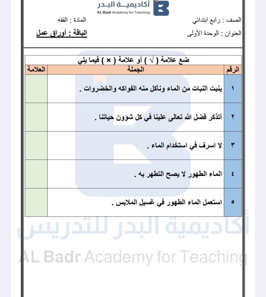 الباقة الفضية لمادة اللغة الفقه- صف رابع ابتدائي للفصل الدراسي الأول