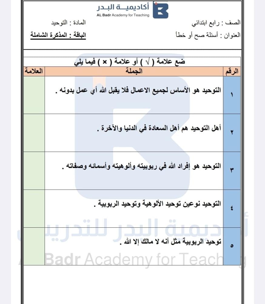 الباقة الذهبية لمادة التوحيد - صف رابع ابتدائي للفصل الدراسي الأول