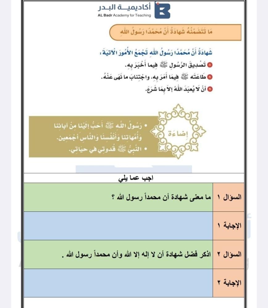 الباقة الفضية لمادة اللغة التوحيد - صف ثالث ابتدائي للفصل الدراسي الأول
