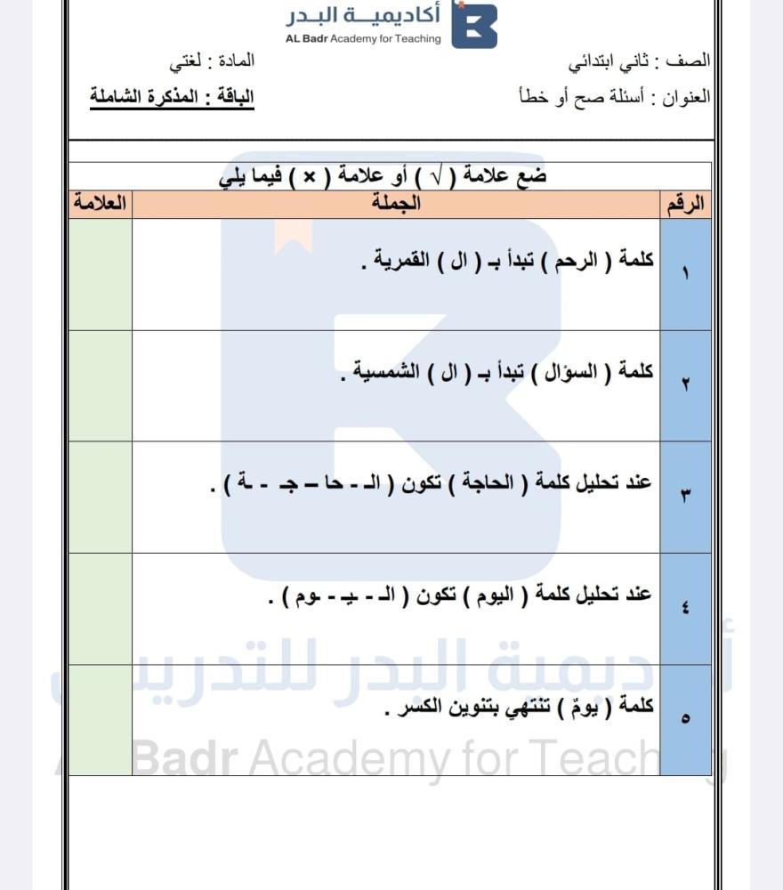 المذكرة الشاملة لمادة لغتي - صف ثاني ابتدائي للفصل الدراسي الأول