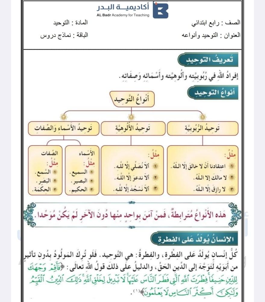 الباقة الذهبية لمادة التوحيد - صف رابع ابتدائي للفصل الدراسي الأول