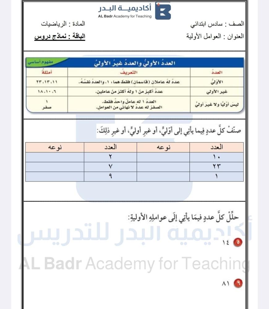 الباقة البرونزية لمادة الرياضيات - صف سادس ابتدائي للفصل الدراسي الأول