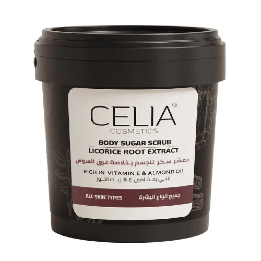 مقشر السكر للجسم بخلاصة عرق السوس CELIA 600 جم عبوة بلاستيك أسود