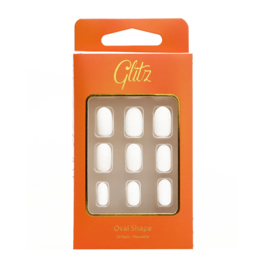 أظافر صناعية لصق ذاتي أبيض مطفي شكل أوفال 8 قطع من Glitz