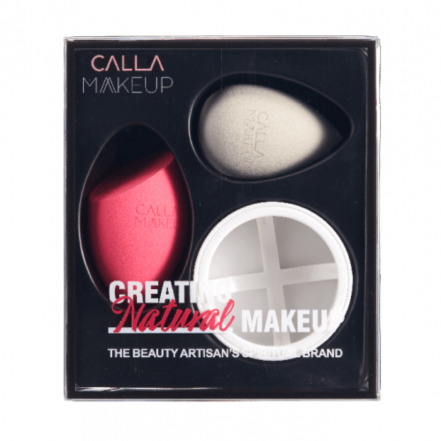 مجموعة إسفنجة مكياج Calla Makeup 3 قطع أبيض بحافظة مضغوطة