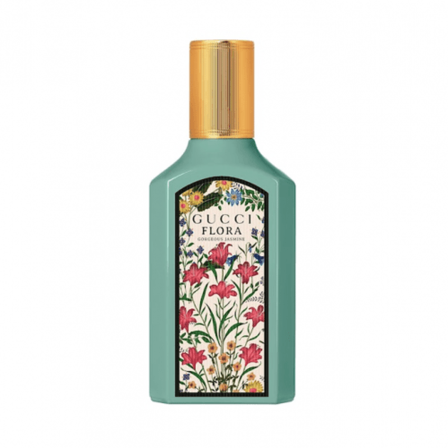 عطر فلورا غورجوس جاسمين او دو برفيوم من Gucci زجاجة Teal بغطاء ذهبي