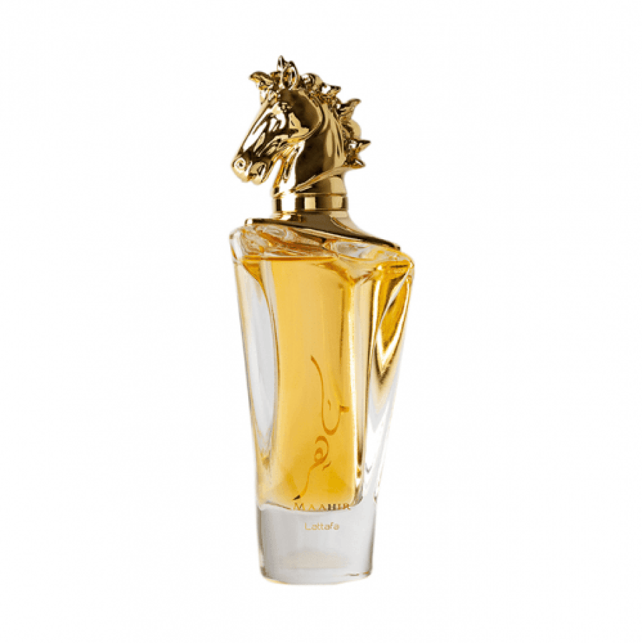 عطر او دو برفيوم ماهر من لطافة Lattafa زجاجة برأس حصان ذهبي