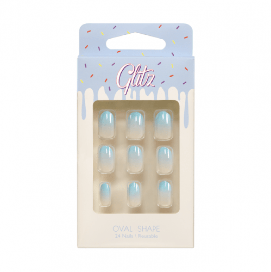 أظافر صناعية لصق ذاتي بيضاوي من Glitz 24 قطعة أزرق قابلة لإعادة الاستخدام