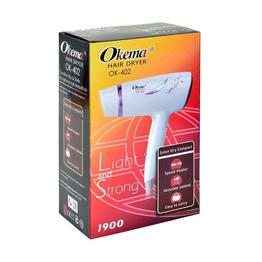 مجفف شعر أوكيما OK402 1900W أبيض أسطواني بمقبض مريح